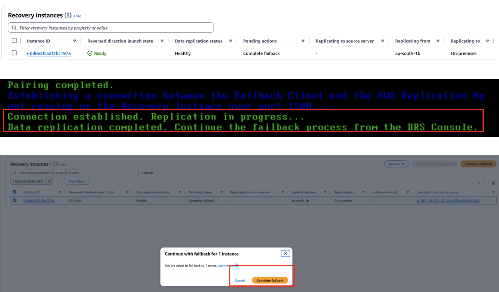 Figure 13. Shows the reverse replication as ‘ready’, it also shows that replication is completed and to complete the failback process on DRS console
